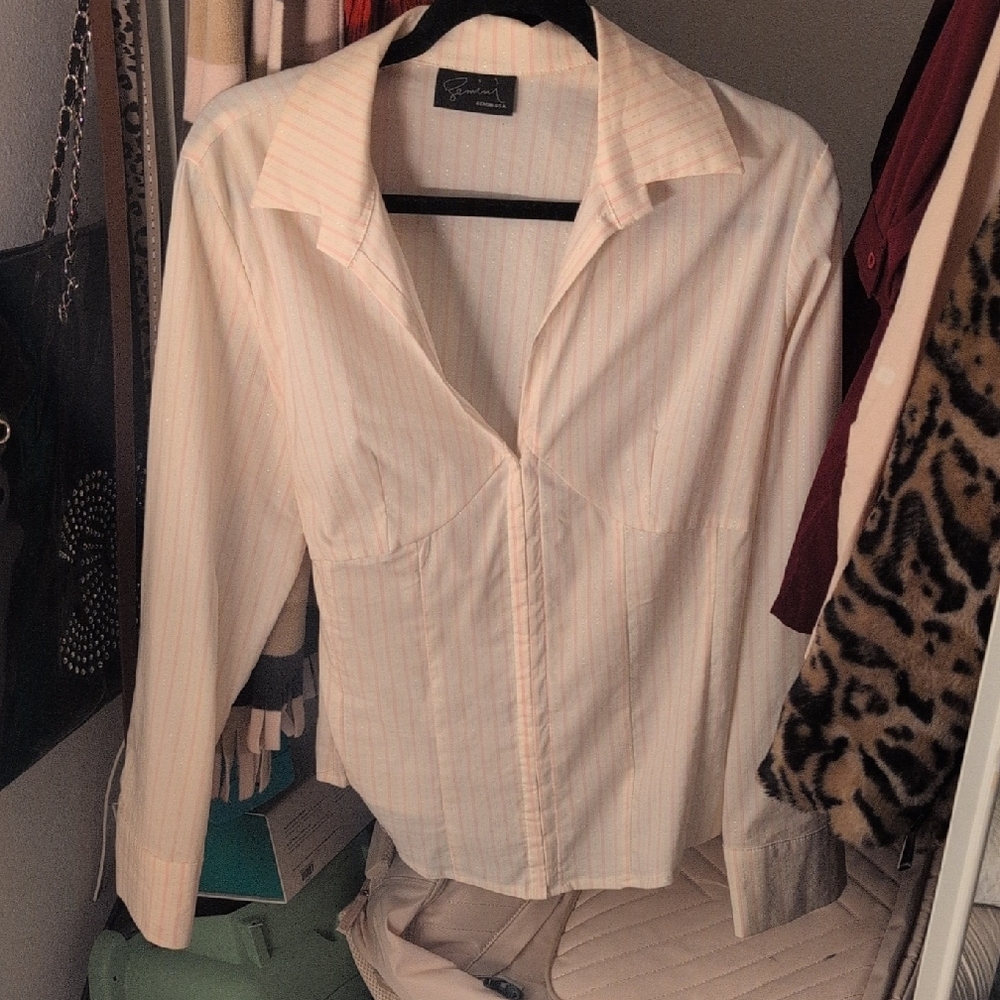 Elegant Cream White Blouse Pink Silver Pinstripe
